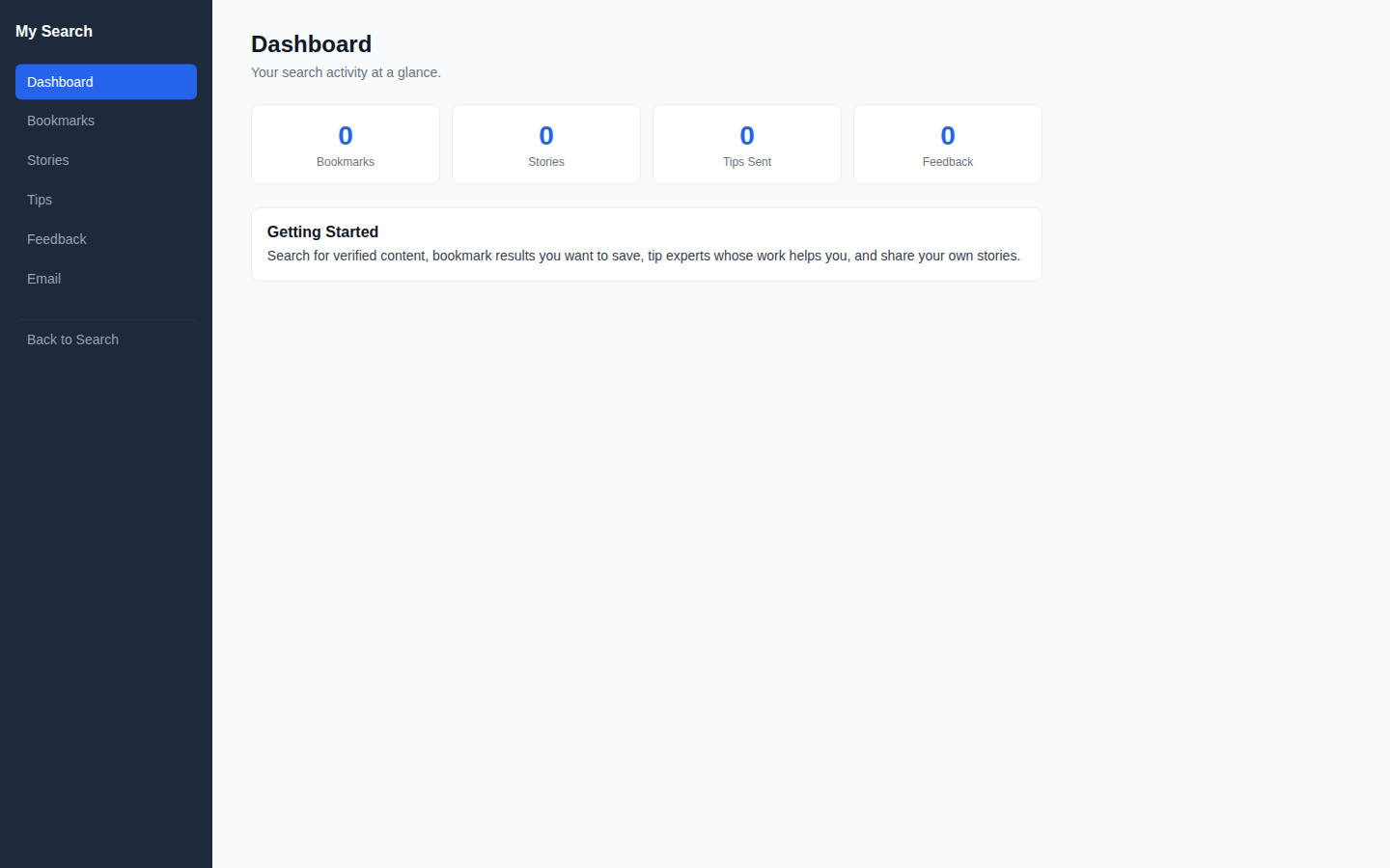 User portal dashboard showing bookmarks, stories, tips, and feedback counts