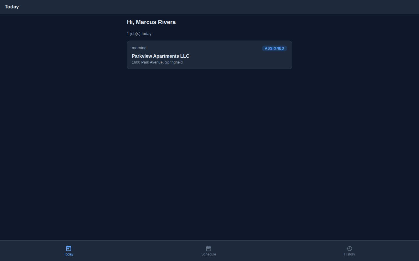 Today's dashboard showing greeting and job cards
