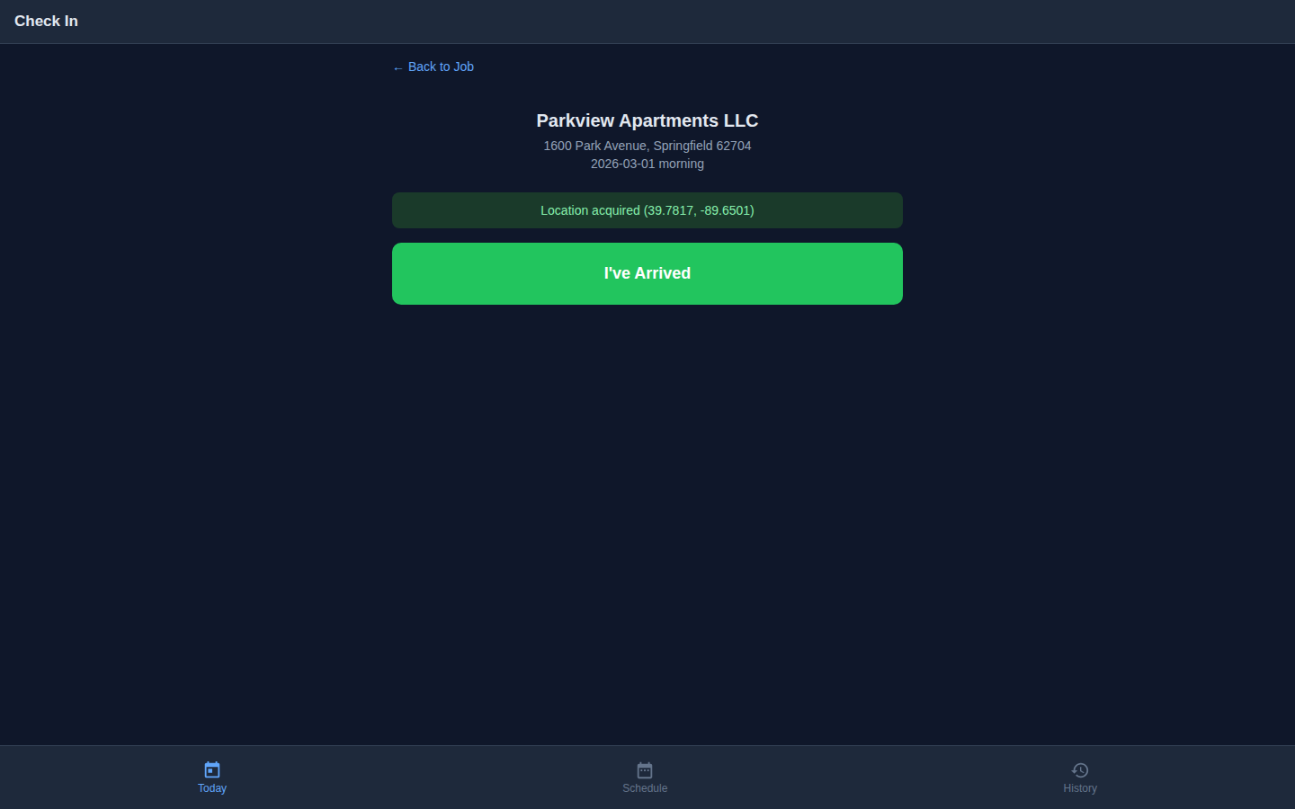 GPS check-in with coordinates and I've Arrived button