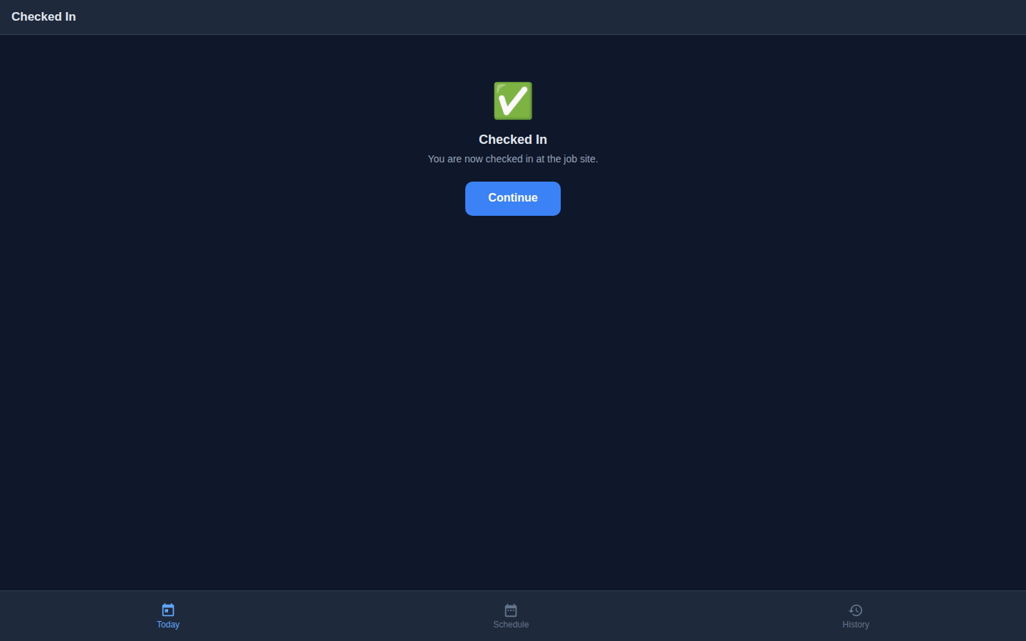 Check-in success confirmation with green checkmark