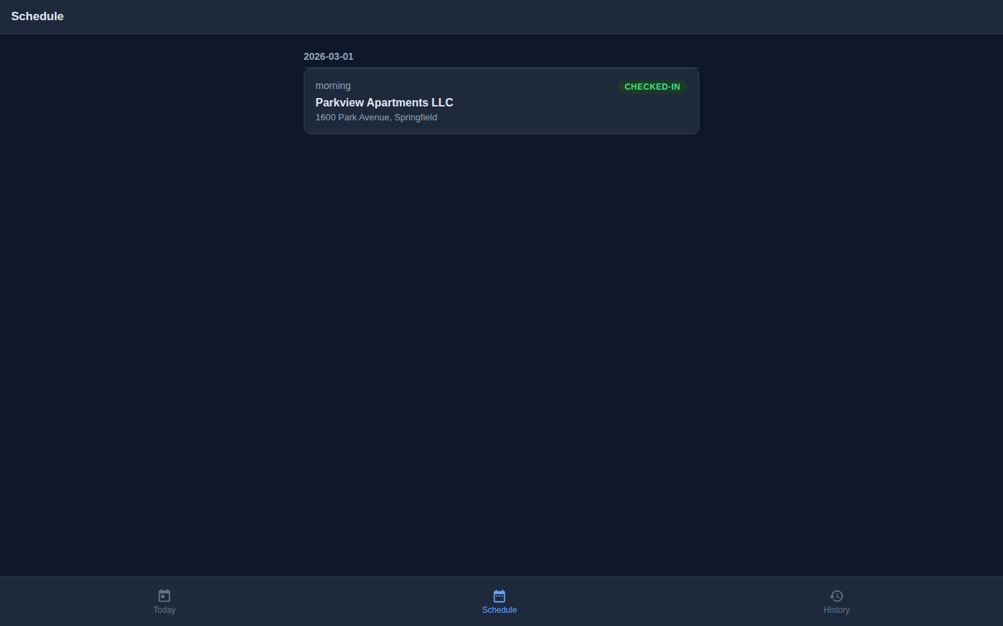 Schedule view with CHECKED-IN badge visible