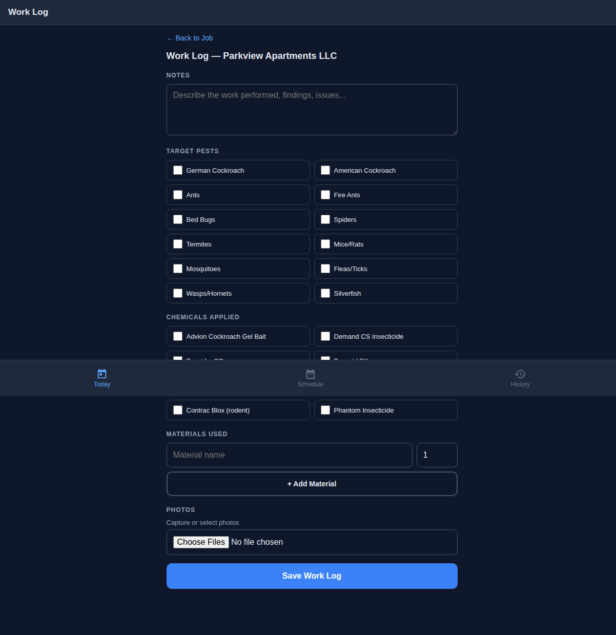 Enhanced work log form with notes, pest checkboxes, chemical checkboxes, materials, and photos