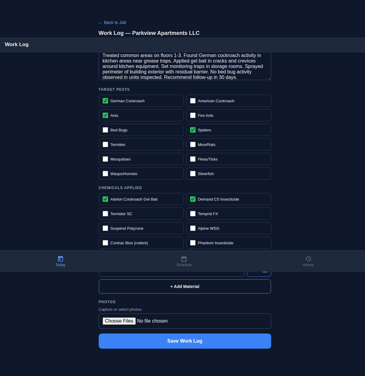 Work log filled in with detailed notes, pest checkboxes, chemical checkboxes, and materials