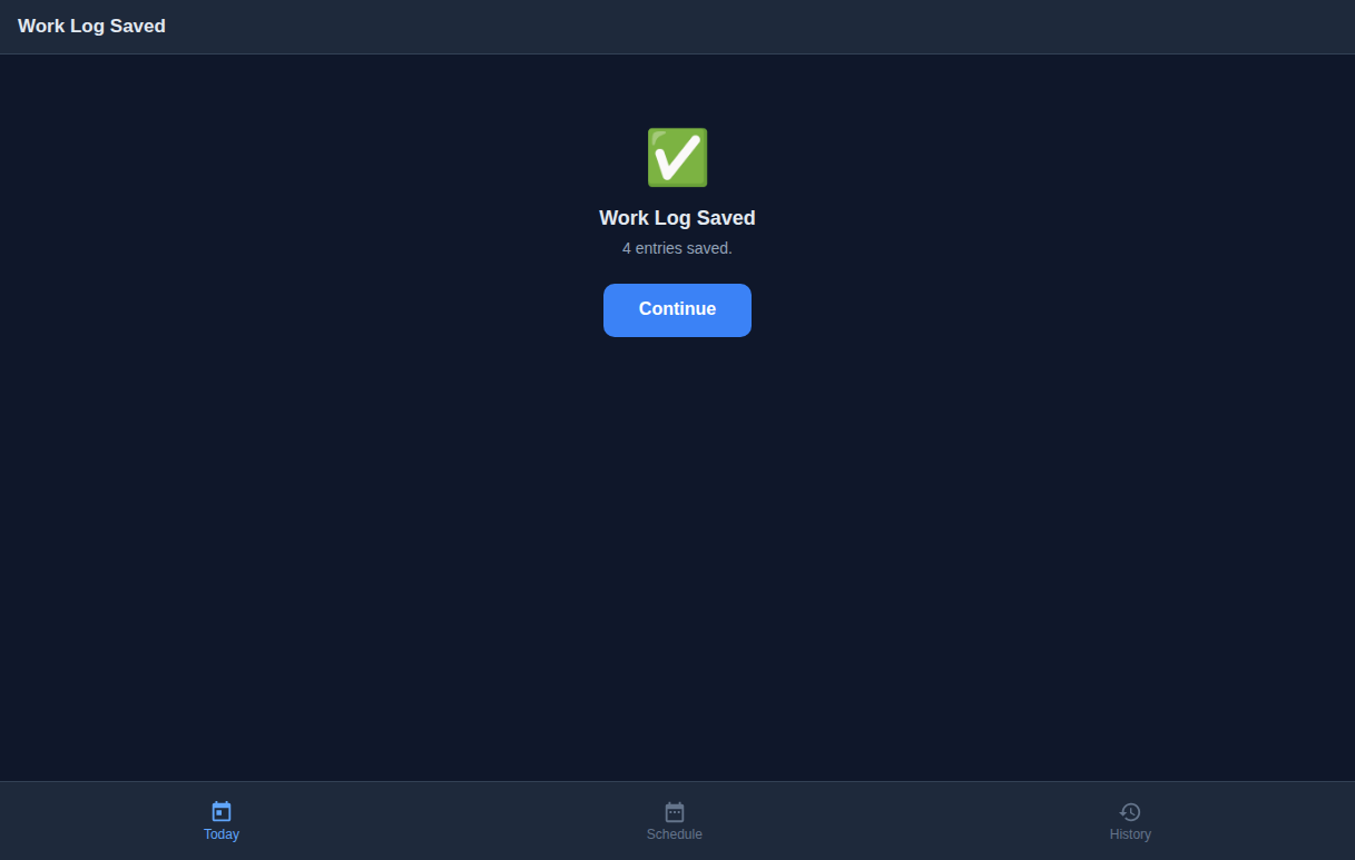Work log saved confirmation showing 4 entries