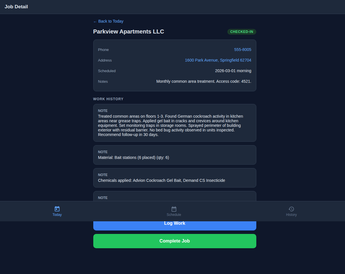 Job detail showing Work History with 4 entries and Complete Job button