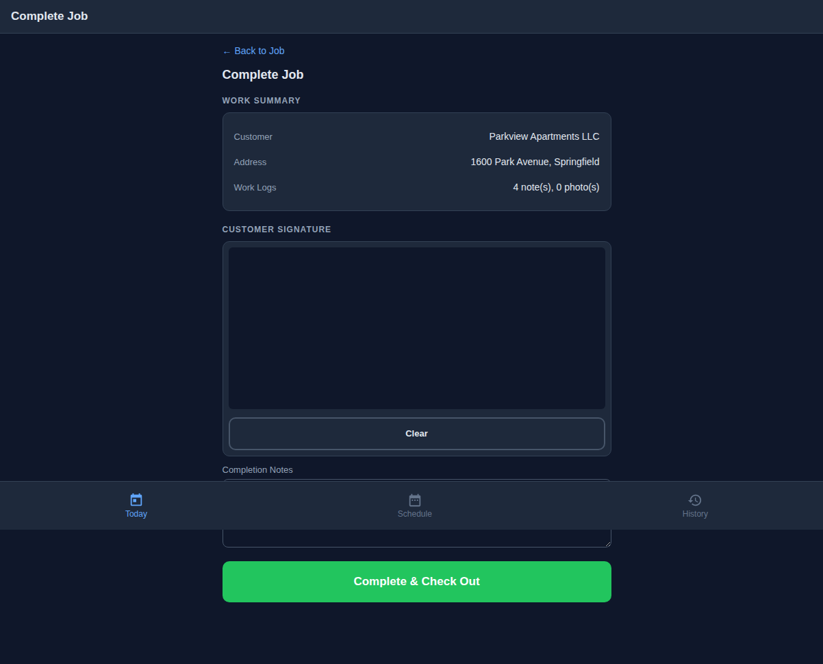 Complete Job page with work summary, signature canvas, and completion notes