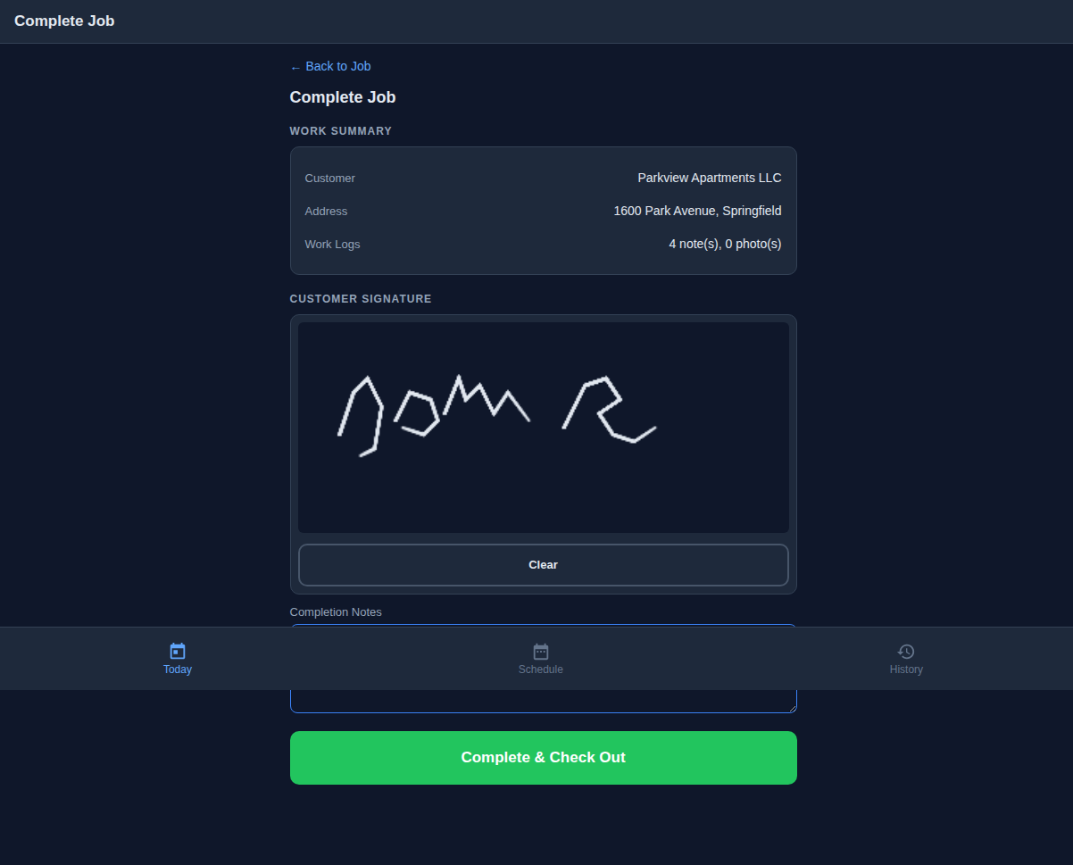 Complete page with customer signature drawn and completion notes filled