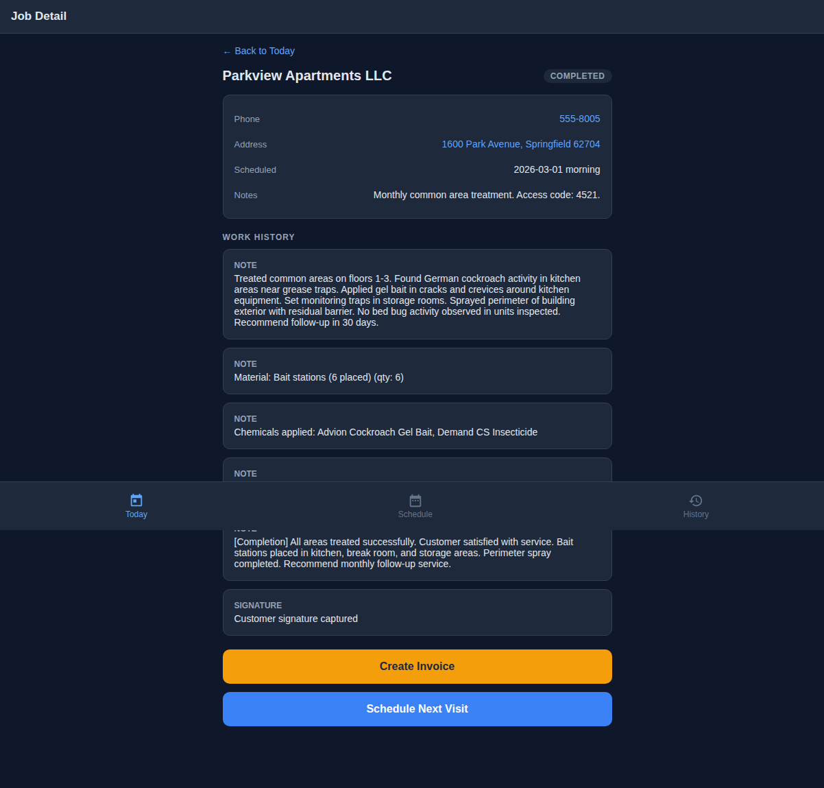 Completed job detail with Create Invoice and Schedule Next Visit buttons