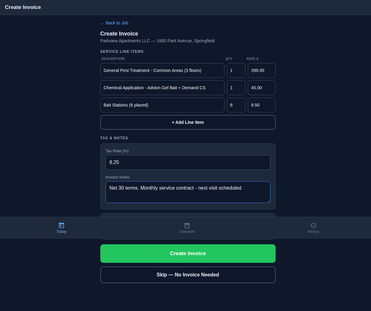 Invoice form with rates filled in and live total