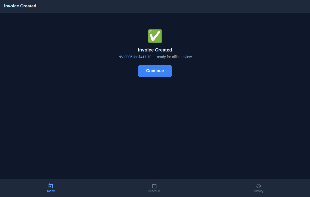 Invoice created confirmation showing INV-0005 for $417.79