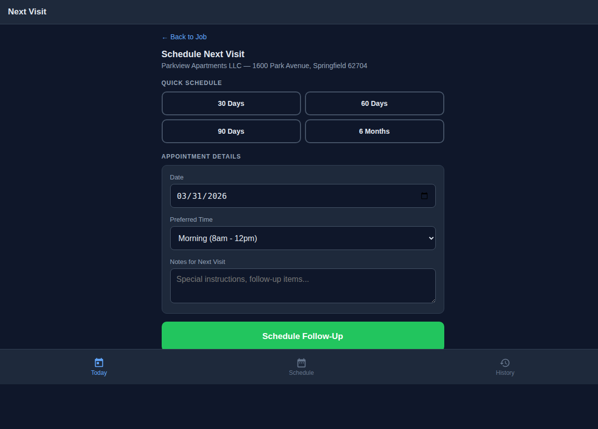 Schedule next visit form with quick schedule buttons