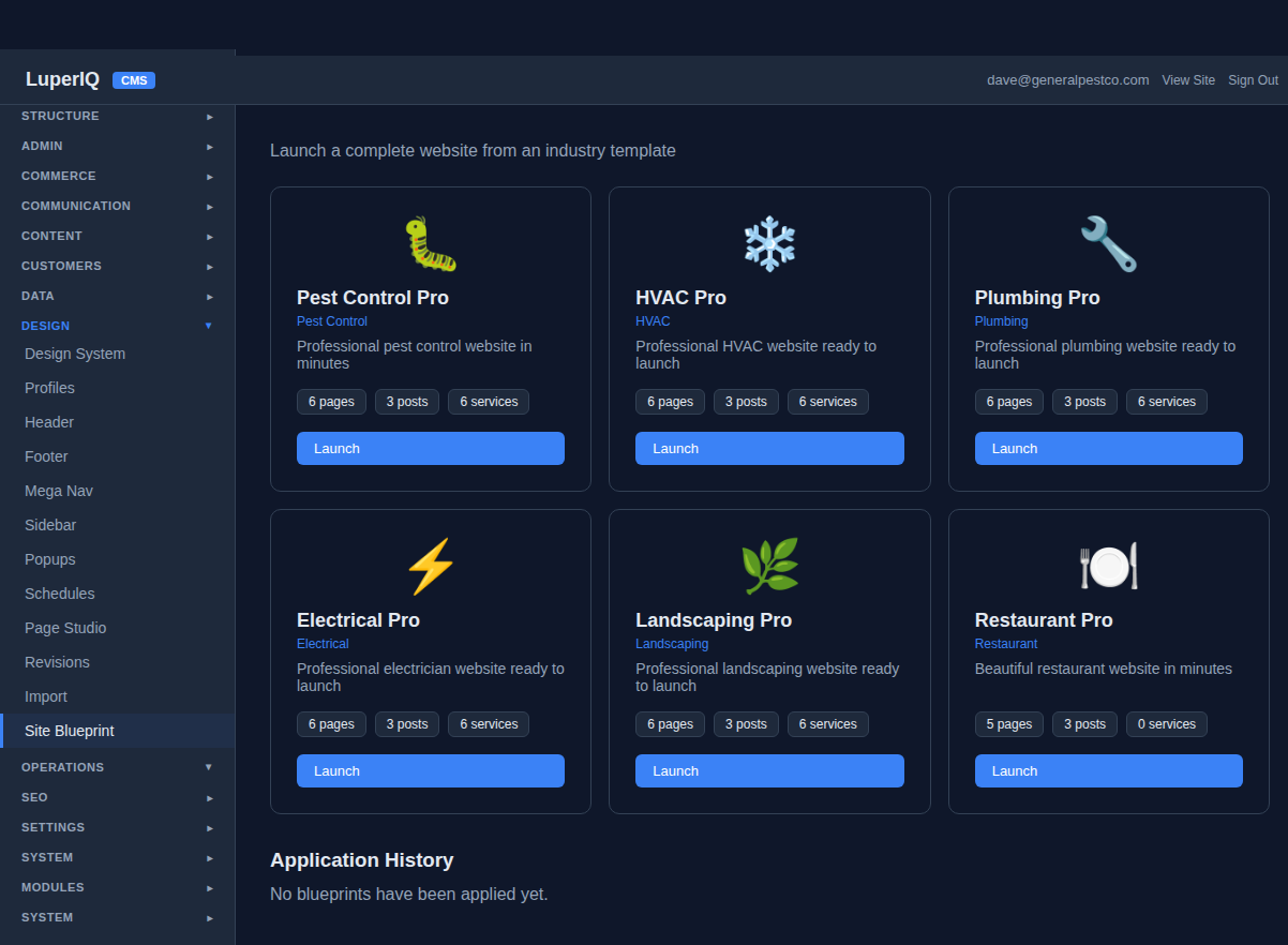 Site Blueprint grid showing 6 industry templates