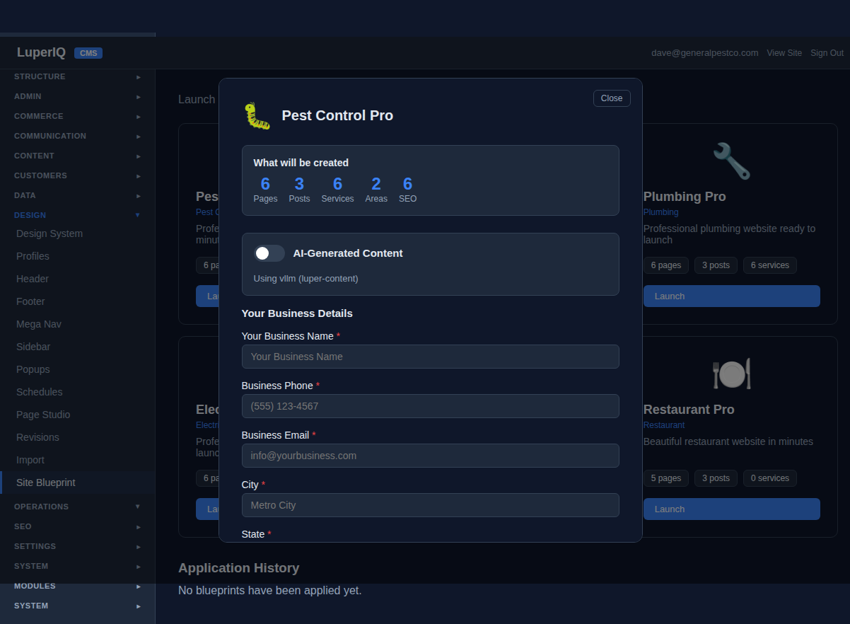 Blueprint launch modal showing what will be created