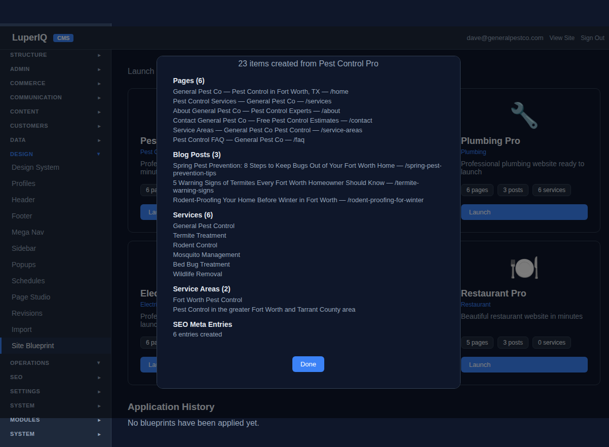 Blueprint success showing 23 items created
