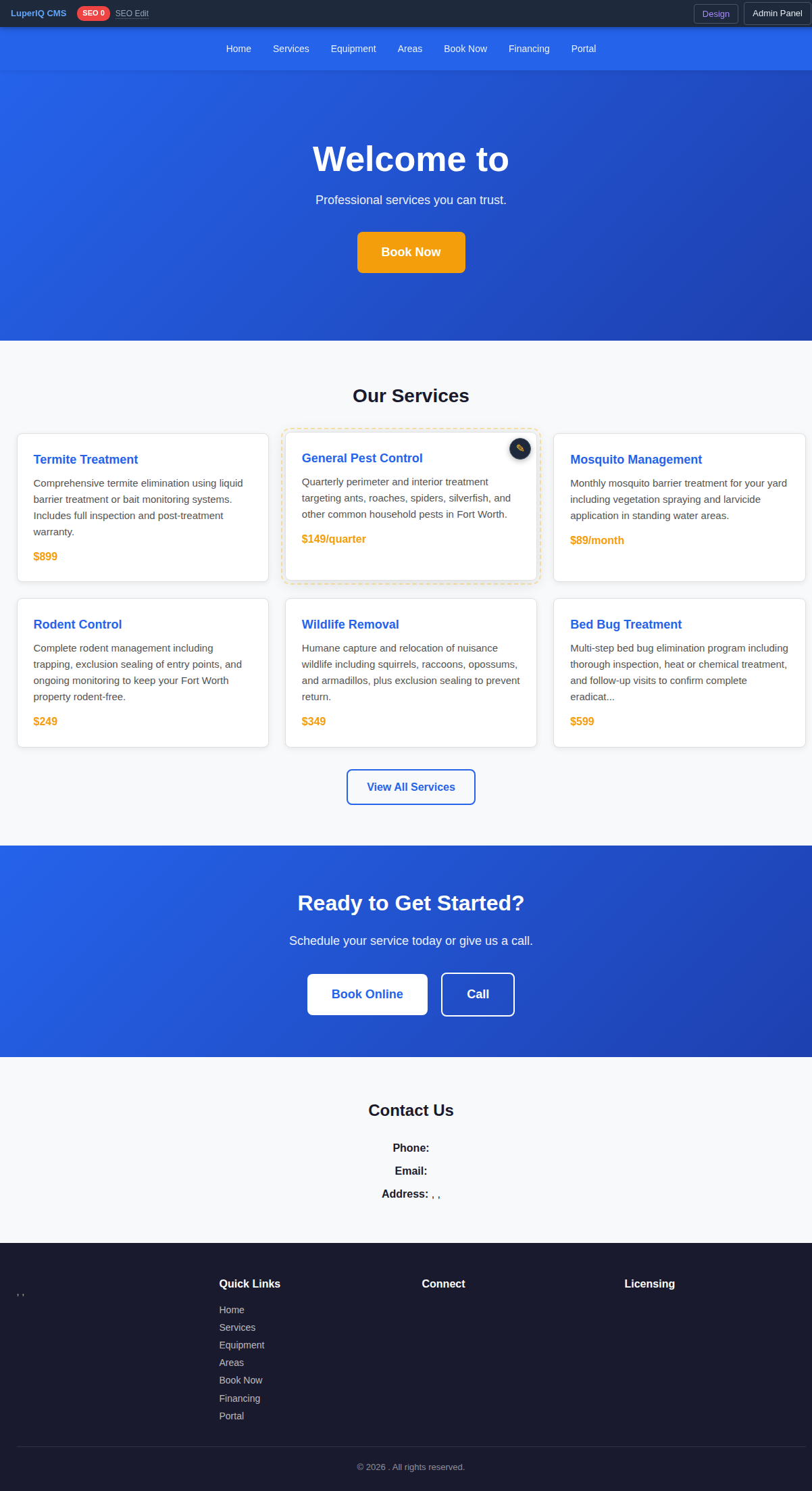 Public homepage with services but missing company info