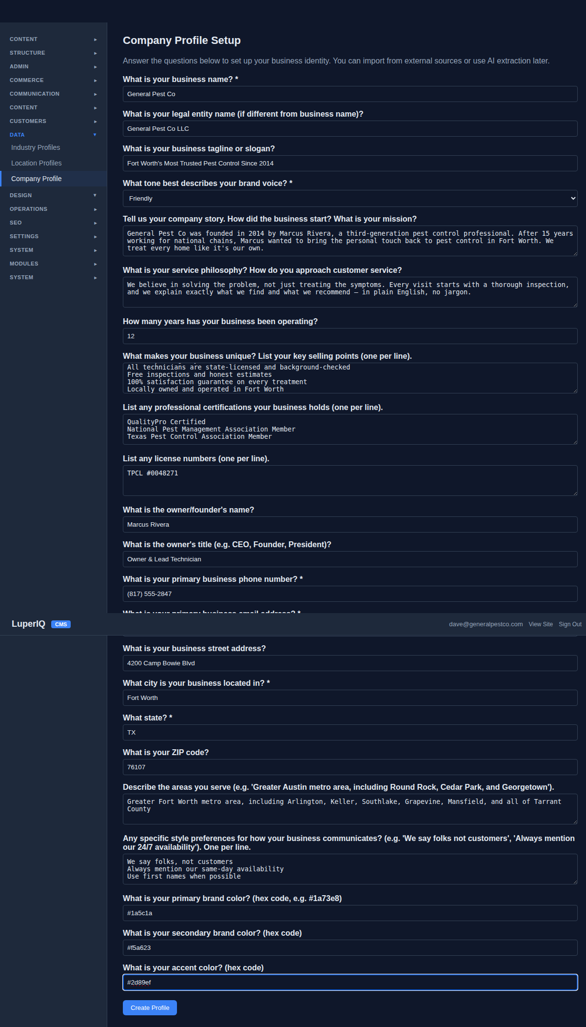 Company profile filled with all business details