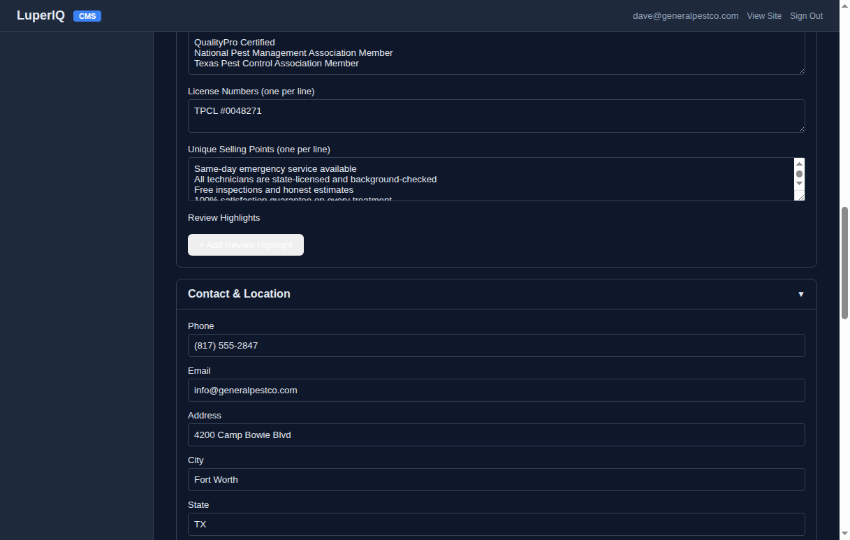 Saved company profile with sections