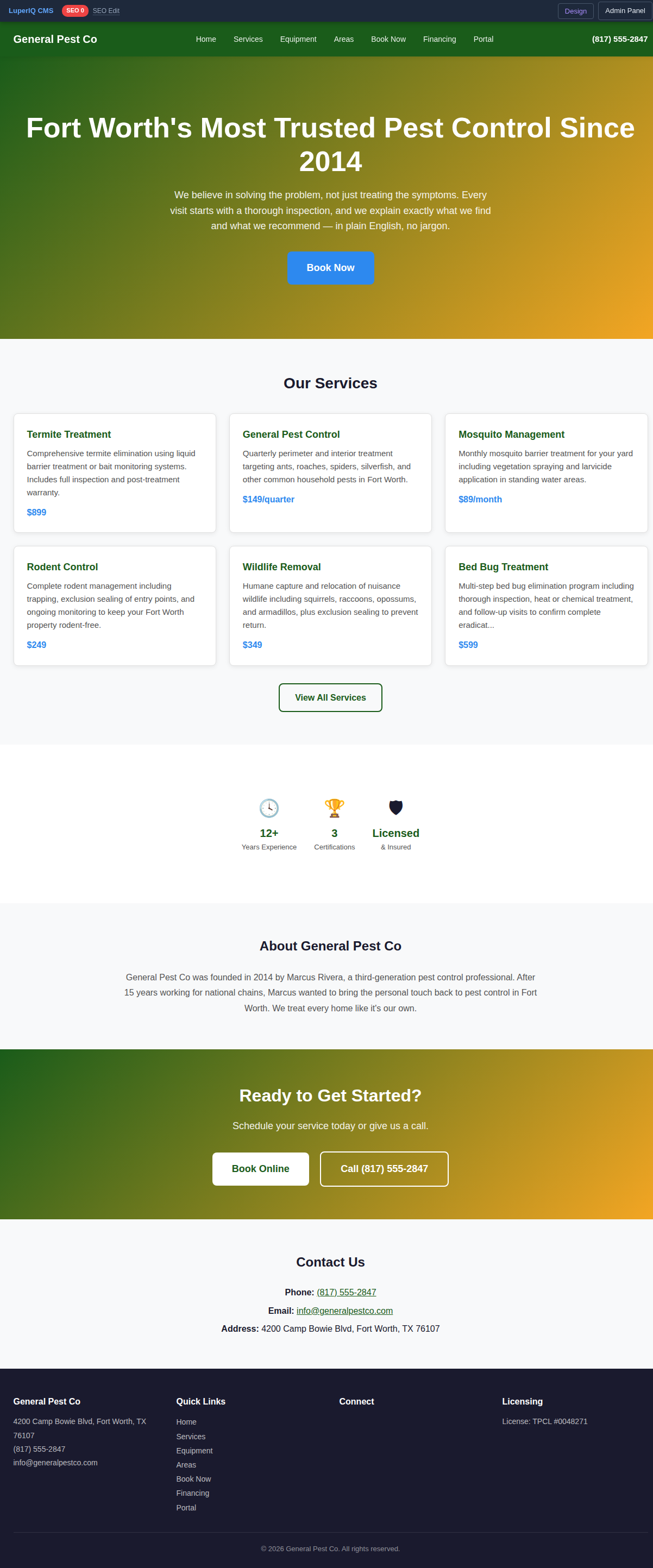 Fully populated homepage with company info everywhere