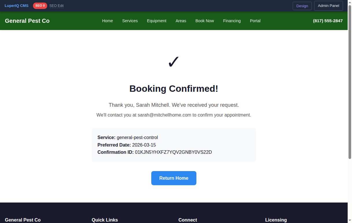 Booking confirmed with checkmark and confirmation ID