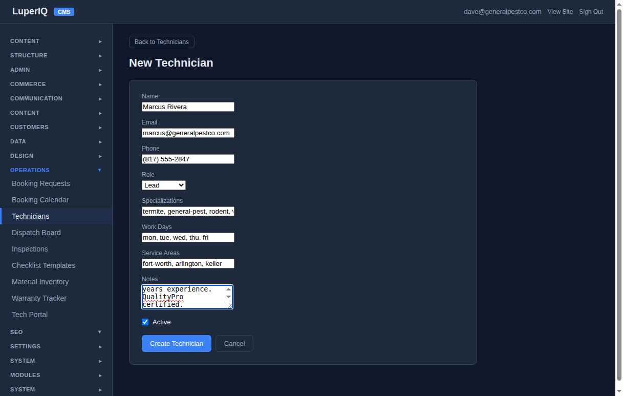 Add technician form filled in