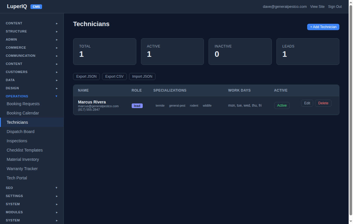 Technician list showing Marcus Rivera