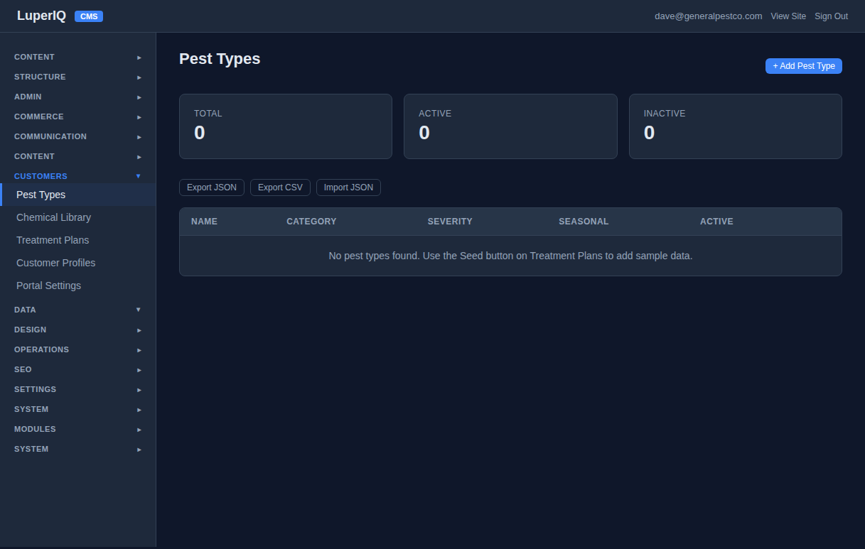 Empty pest types page with hint to use Seed button