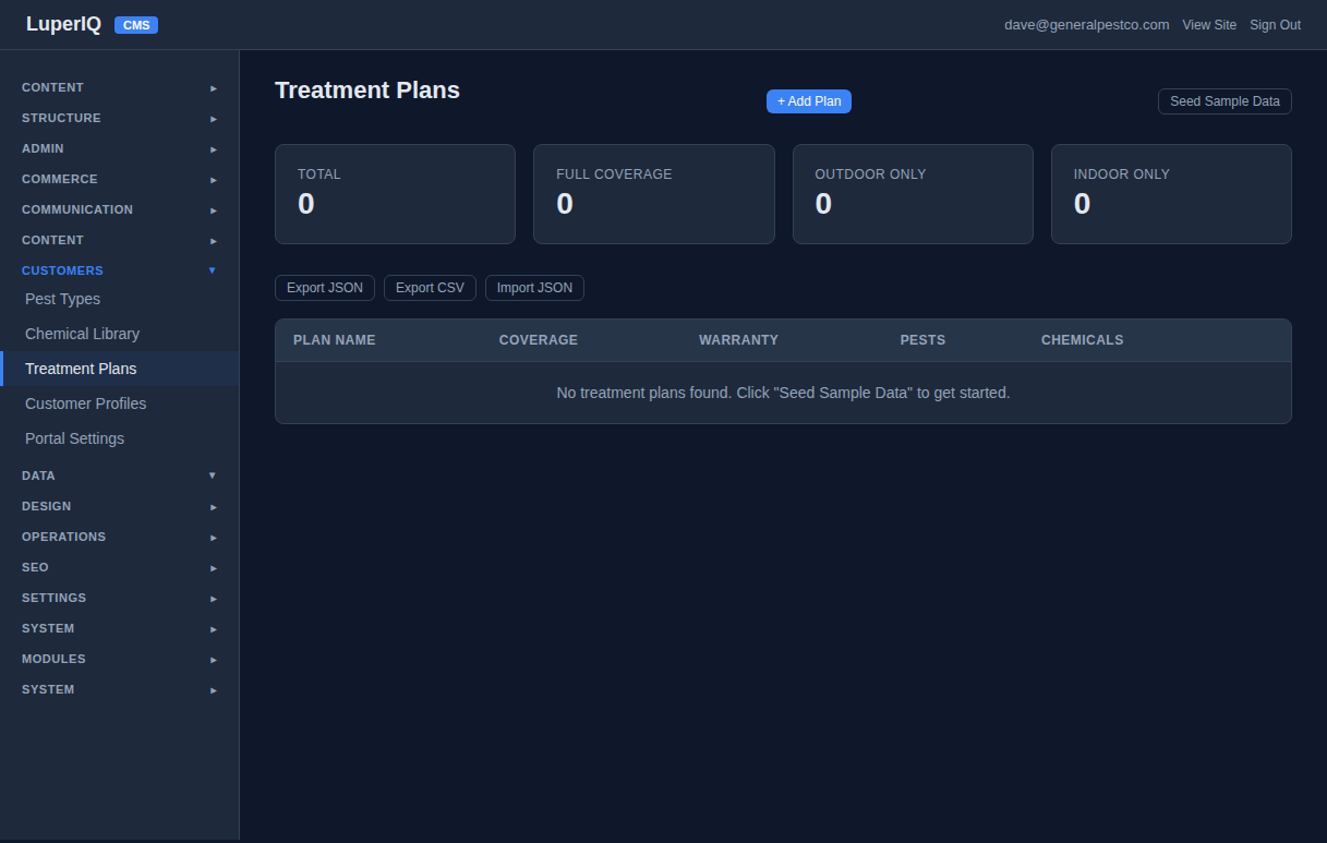 Treatment plans page with Seed Sample Data button